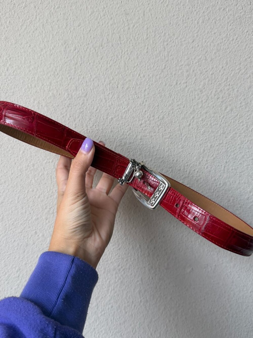 Brighton Red Leather Embossed Silver Buckle Belt